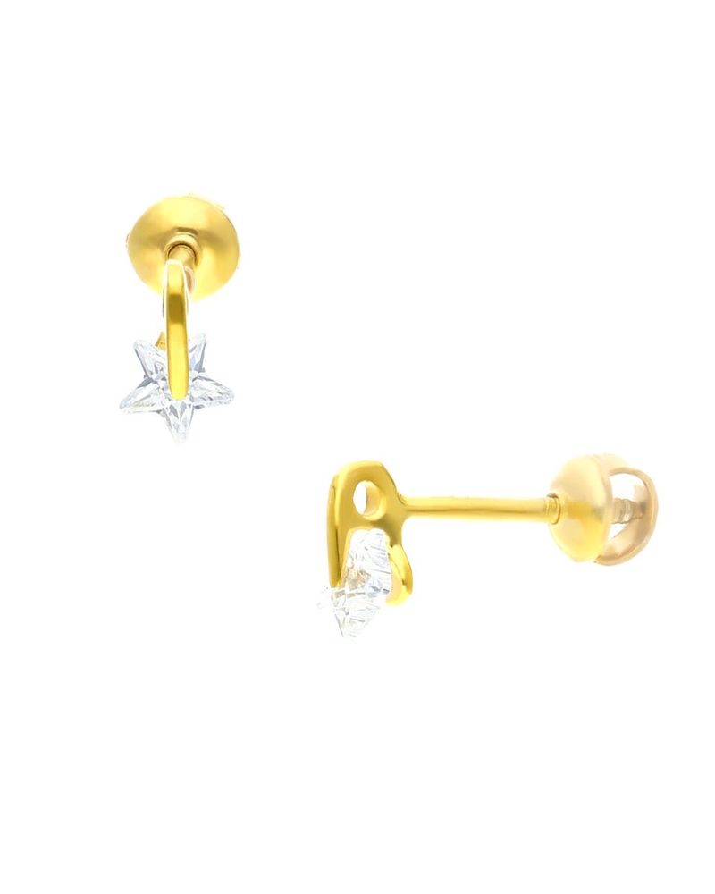 Broqueles Mini Estrella De Oro Amarillo Con Zirconia 14K