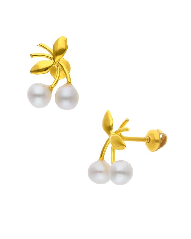 Broqueles Mini Cereza De Oro Amarillo Con Perla 14K