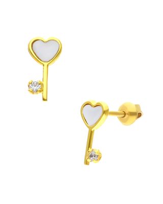 Broqueles Llave Corazon Oro Ama. C/Mad.Perla Y Zirconia 14K