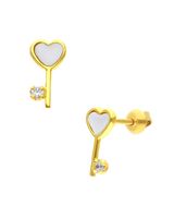 Broqueles Llave Corazon Oro Ama. C/Mad.Perla Y Zirconia 14K