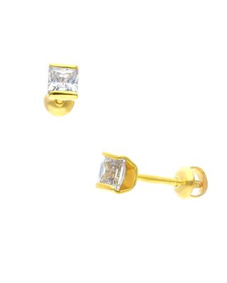 Broqueles Mini Riel Cuadrado Oro Amarillo Con Zirconia 14K