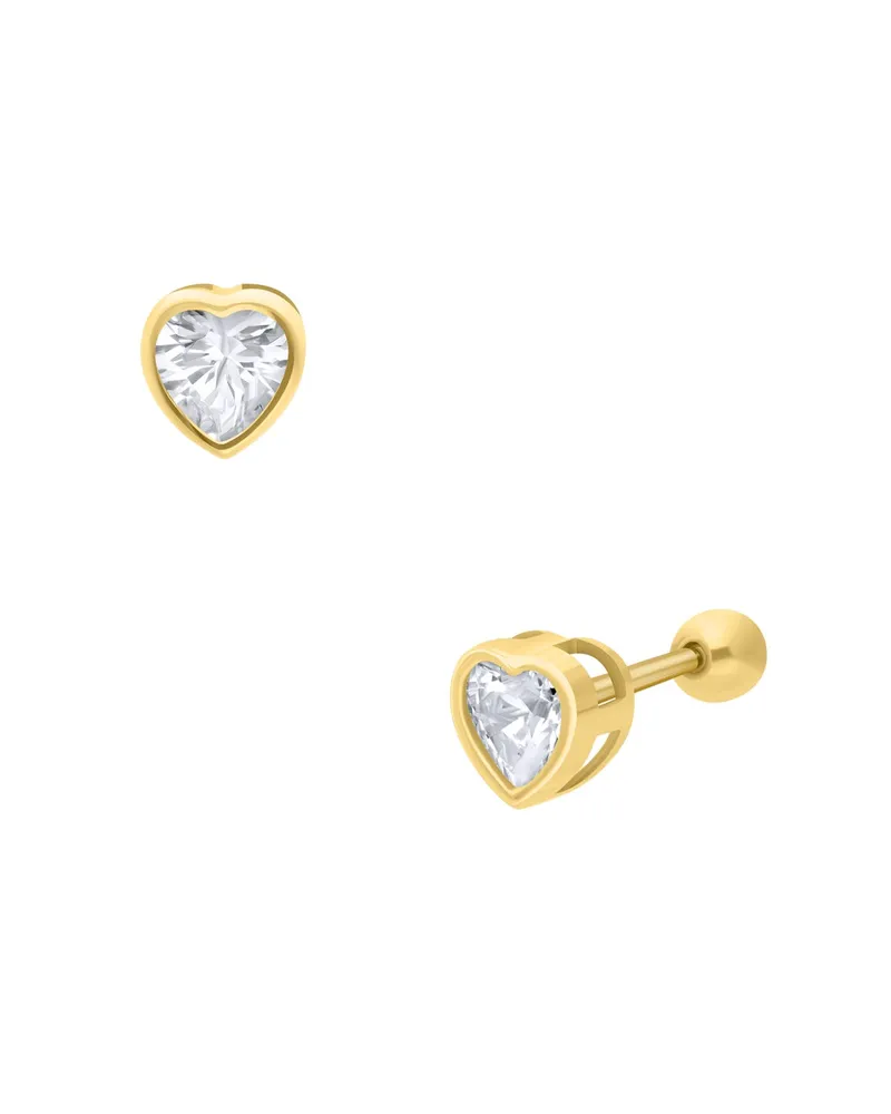 Broqueles de Oro Amarillo 14K con Zirconias de Corazon