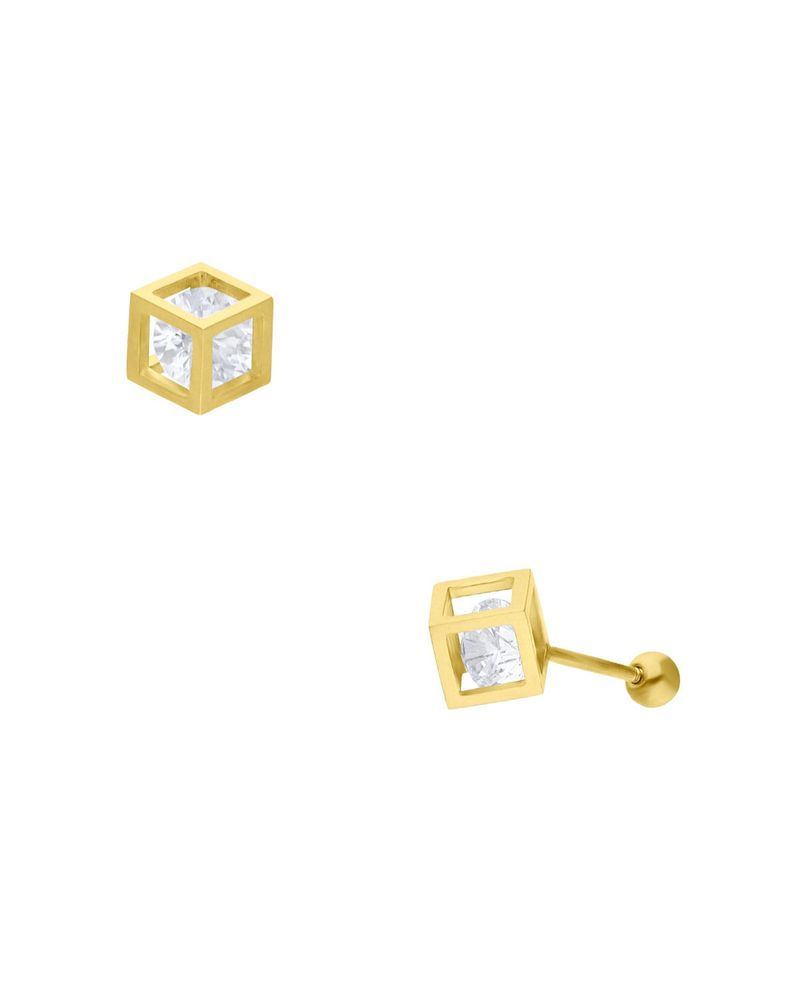 Broqueles Cubo Oro Amarillo 14K Con Zirconia