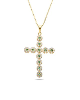 Dije De Cruz De Oro Amarillo Con Cadena 14K Con Zirconias Blancas Y Verdes