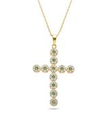 Dije De Cruz De Oro Amarillo Con Cadena 14K Con Zirconias Blancas Y Verdes