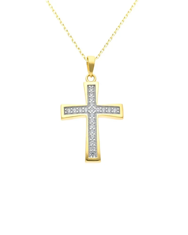 Dije De Cruz De Oro Amarillo 14K Con Cadena Con Zirconias