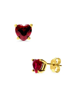 Broqueles De Corazon De Oro Amarillo 14K Con Zirconias Rojas