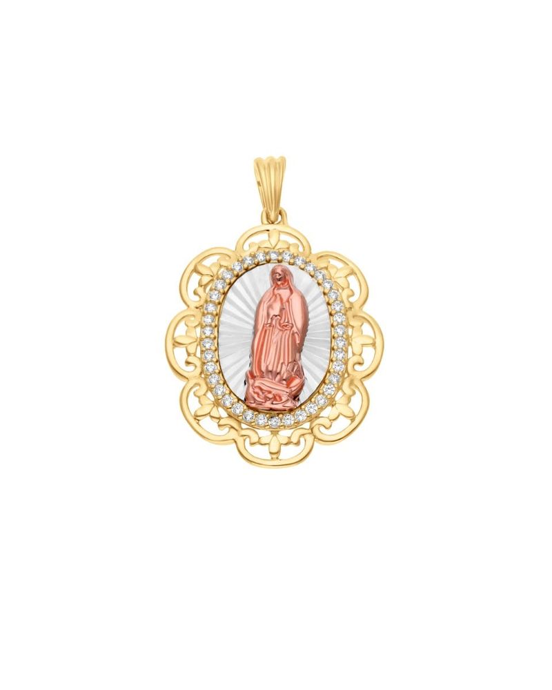 Medalla De La Virgen De Guadalupe Oro Florentino 14K Con Zirconia Sin Cadena