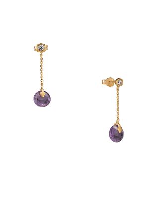 Aretes De Oro Amarillo 14K Con Zirconias Y Piedra De Color Morado