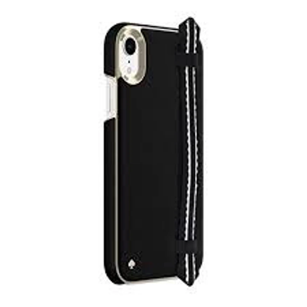 kate spade Wrap Case for iPhone XR- Scallop Black Saffiano / Gold Strap