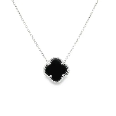 18 Karat White Gold Black Onyx Clover Necklace