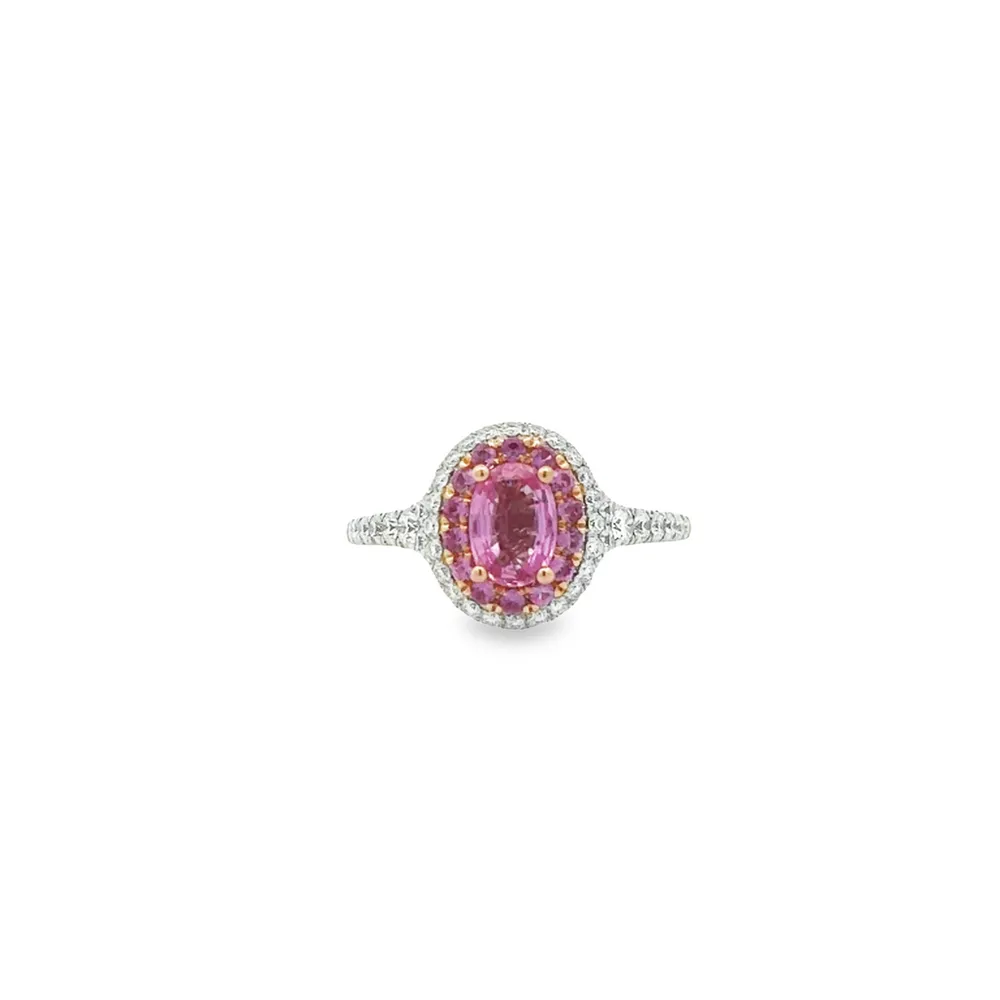 14 Karat White Gold Pink Sapphire and Diamond Double Halo Ring