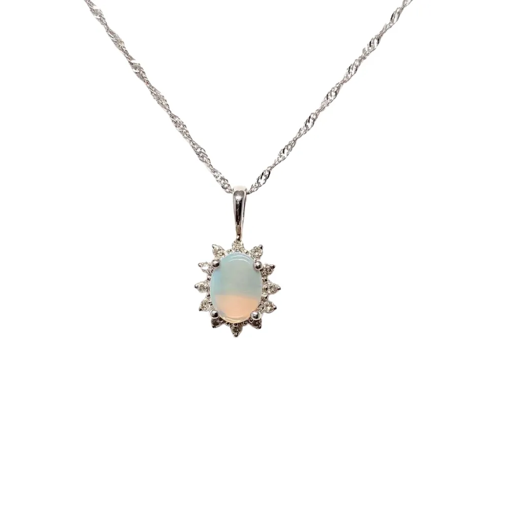 14 Karat White Gold Opal and Diamond Necklace with 10 Karat Chain