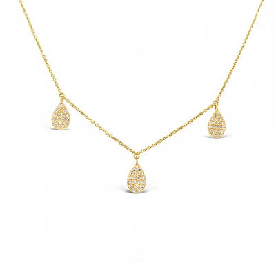 14 Karat Yellow Gold Diamond Pear Triple Drop Necklace