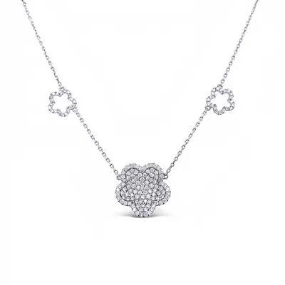 14 Karat White Gold Diamond Pave Flower Necklace