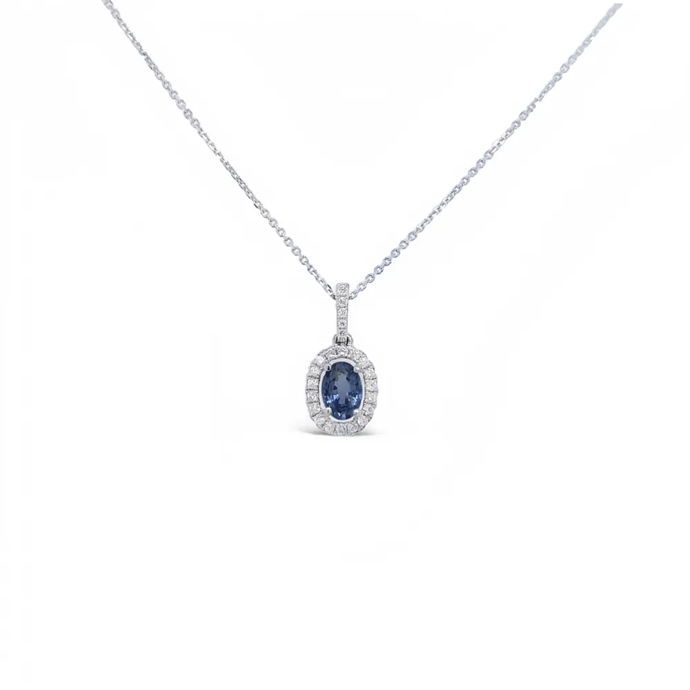 14 Karat White Gold Diamond and Sapphire Oval Halo Necklace