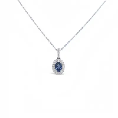 14 Karat White Gold Diamond and Sapphire Oval Halo Necklace