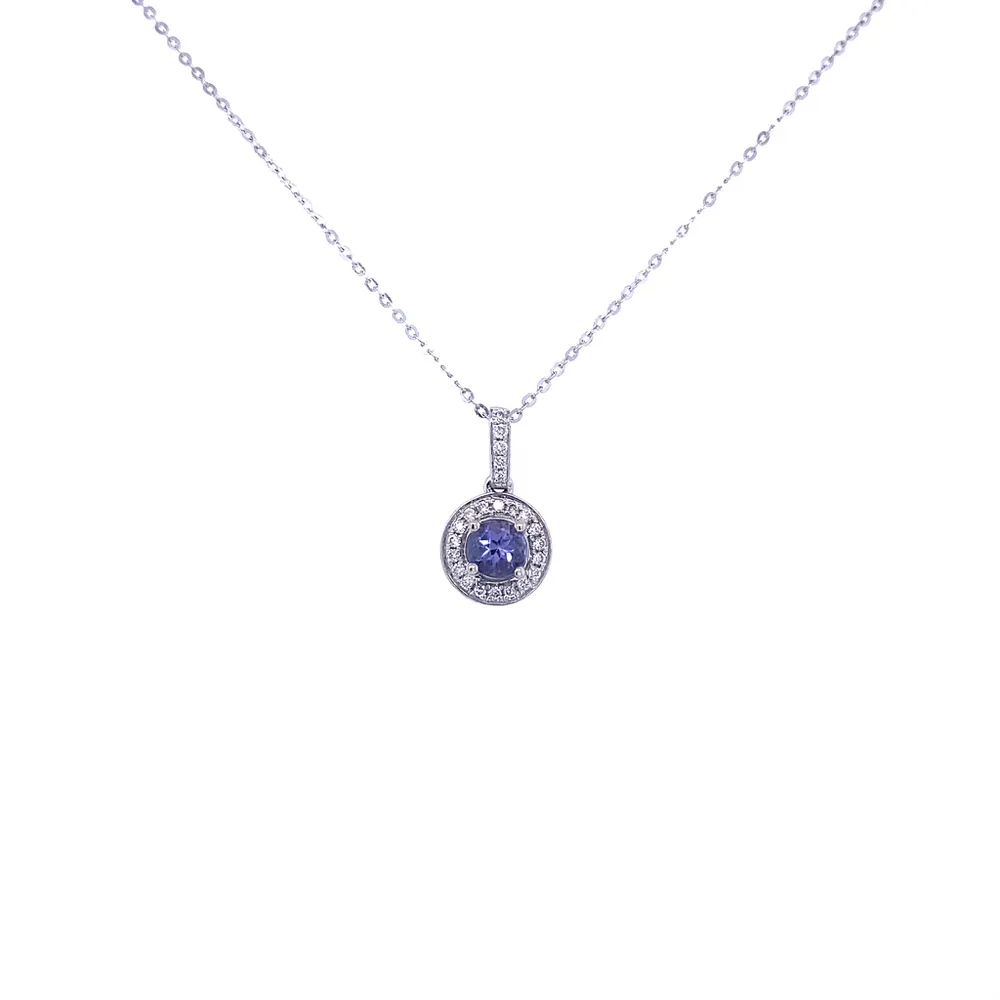 14 Karat White Gold Diamond and Tanzanite Halo Necklace