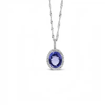 10 Karat White Gold Diamond and Tanzanite Oval Halo Necklace