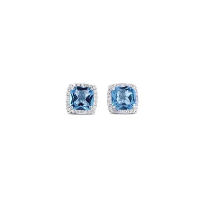 14 Karat White Gold Blue Topaz and Diamond Square Earrings