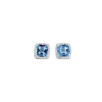 14 Karat White Gold Blue Topaz and Diamond Square Earrings