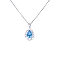 14 Karat White Gold Blue Topaz and Diamond Teardrop Necklace