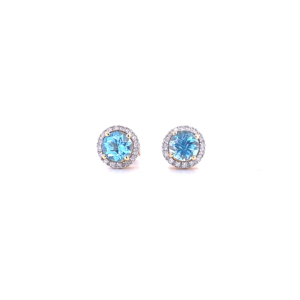 14 Karat Yellow Gold Blue Topaz and Diamond Halo Earrings