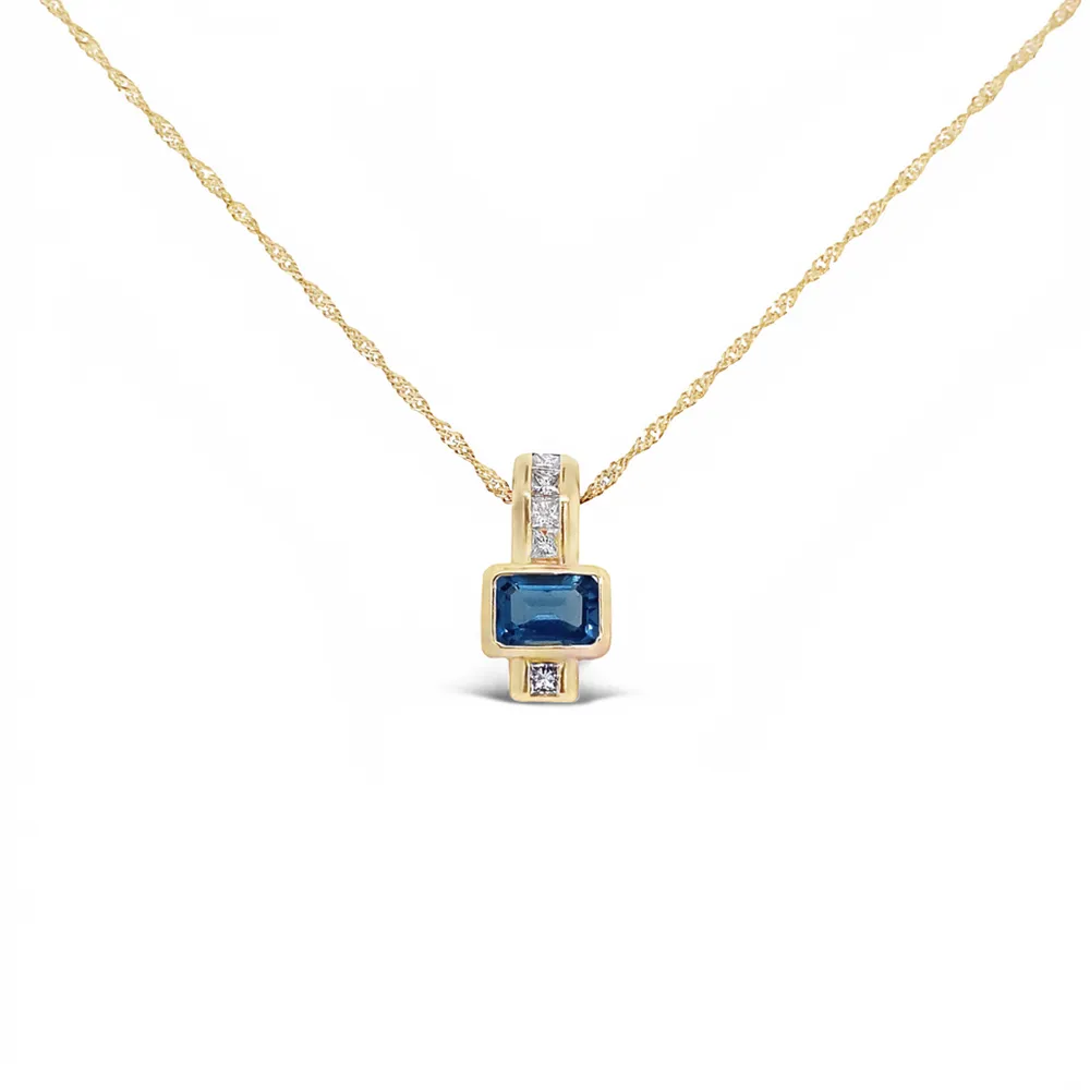 14 Karat Yellow Gold Blue Topaz and Diamond Geometric Necklace