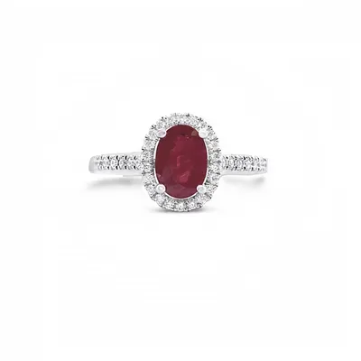 14 Karat White Gold Ruby and Diamond Oval Halo Ring