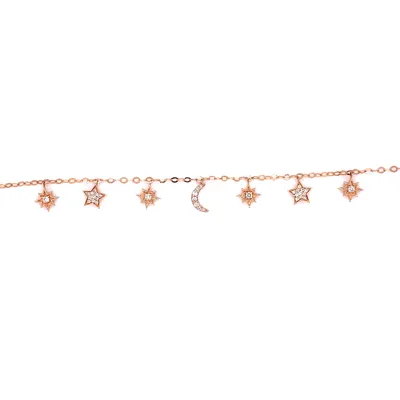 14 Karat Rose Gold Diamond Moon and Star Chain Bracelet