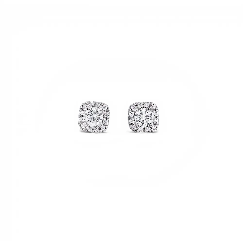 14 Karat White Gold Square Halo Diamond Stud Earrings