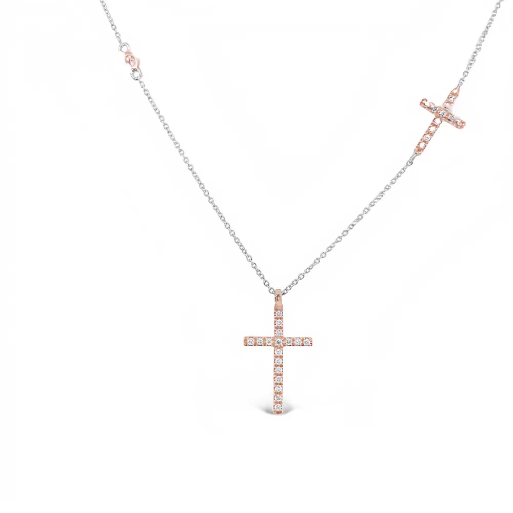 18 Karat White and Rose Gold Double Diamond Cross Necklace
