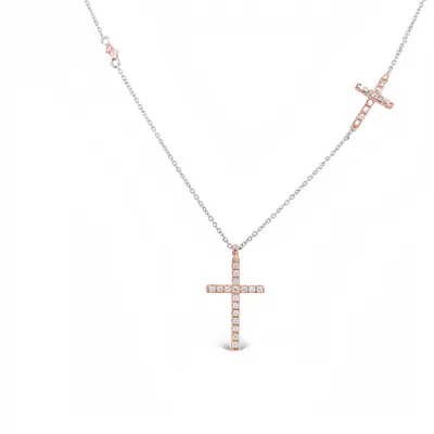 18 Karat White and Rose Gold Double Diamond Cross Necklace