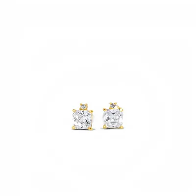 18 Karat Gold Princess Cut Cubic Zirconia Stud Earrings