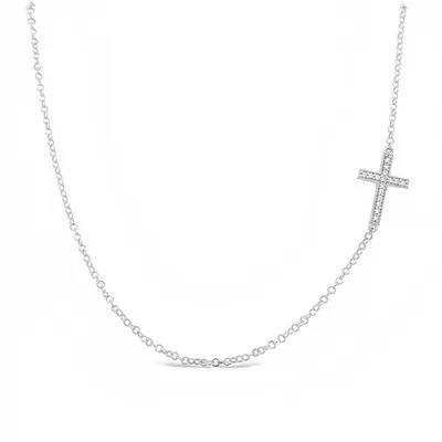 10 Karat White Gold Cubic Zirconia Side Cross Necklace