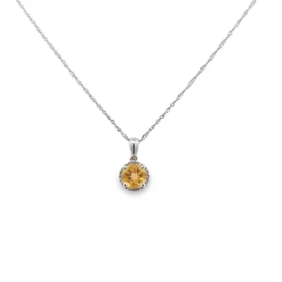 14 Karat White Gold Citrine and Diamond Halo Necklace