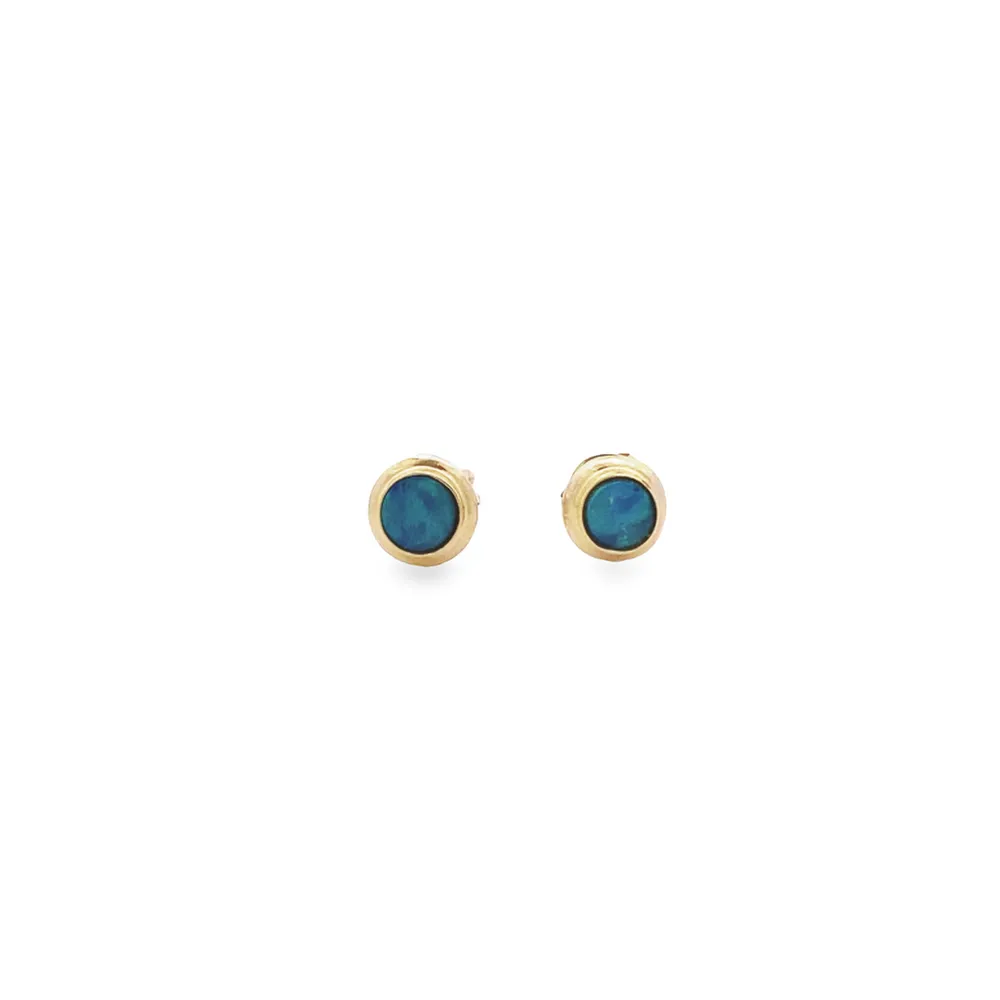 14 Karat Yellow Gold Blue Opal Stud Earrings