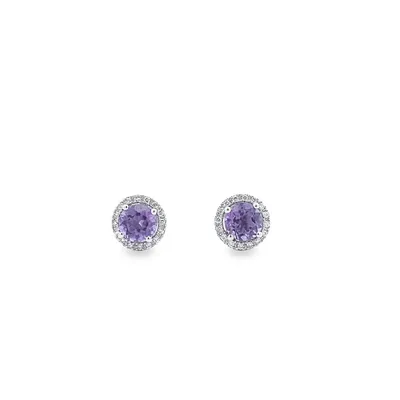 14 Karat White Gold Amethyst and Diamond Halo Round Earrings