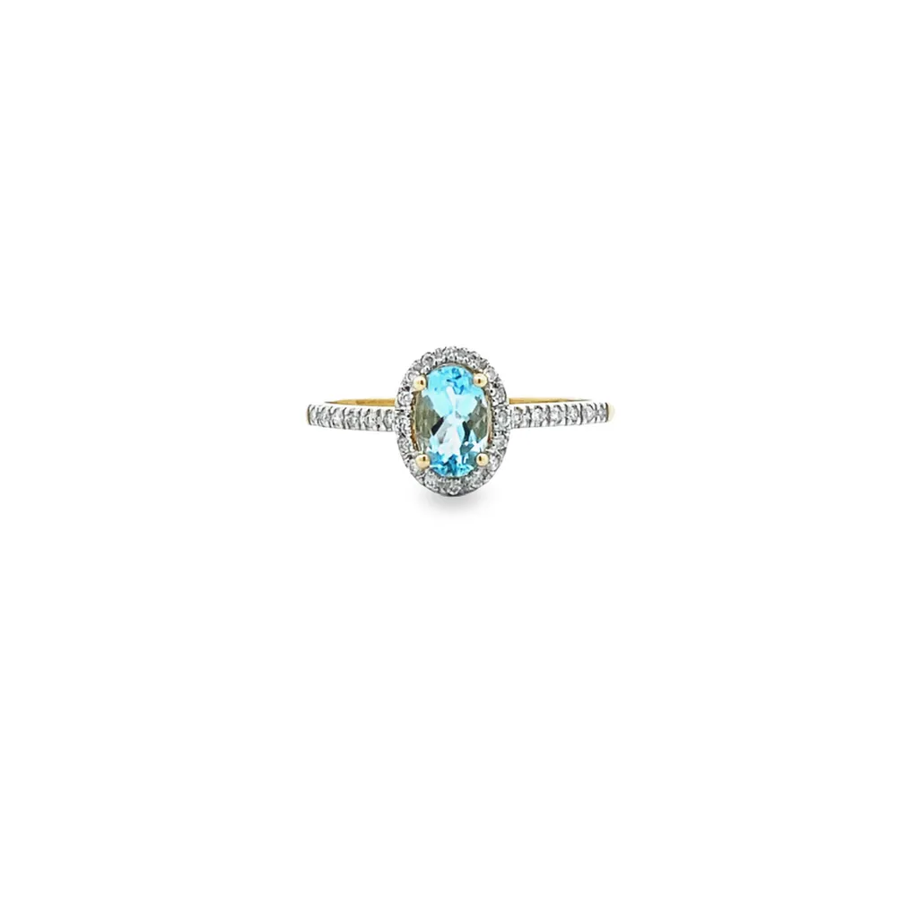 14 Karat Yellow Gold Blue Topaz and Diamond Oval Ring