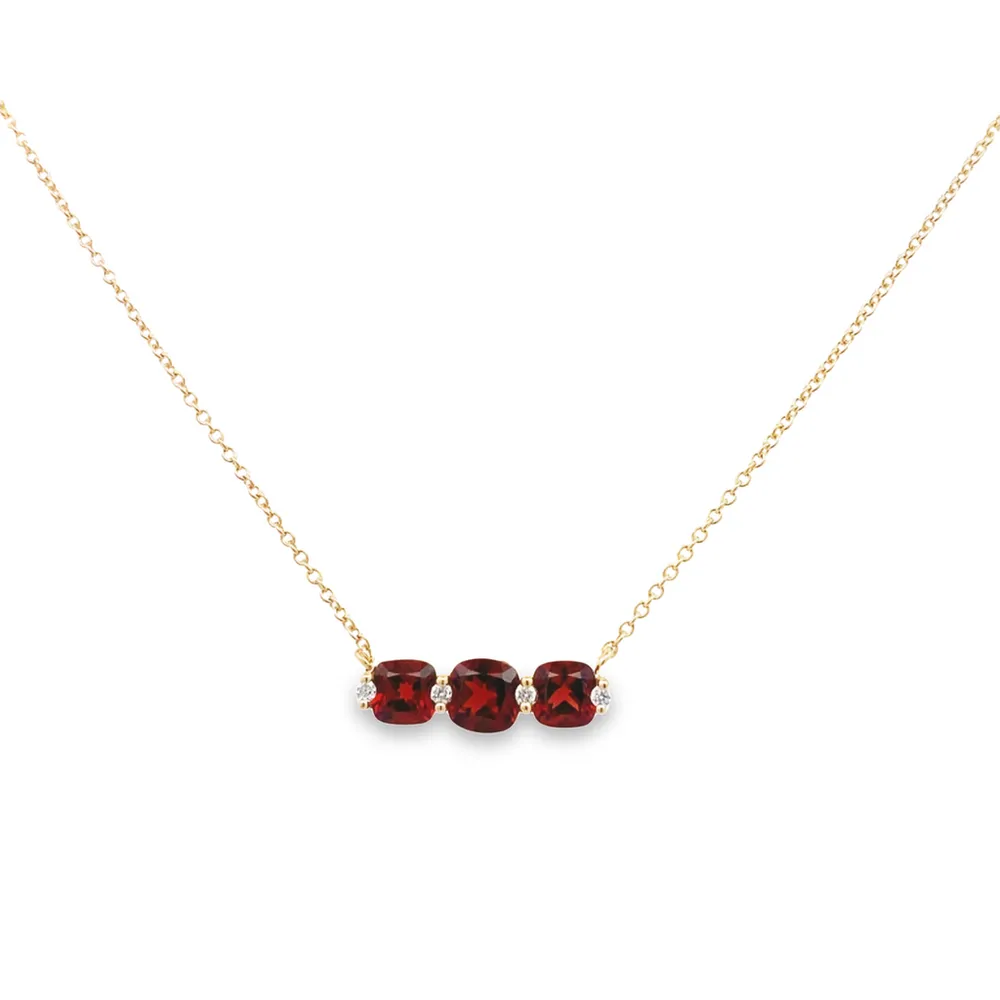 14 Karat Yellow Gold Garnet and Diamond Triple Stone Necklace