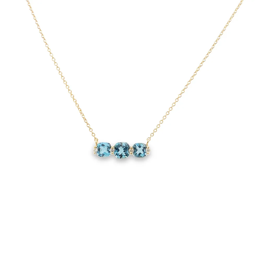 14 Karat Yellow Gold Blue Topaz and Diamond Triple Stone Necklace