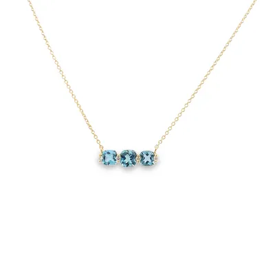 14 Karat Yellow Gold Blue Topaz and Diamond Triple Stone Necklace