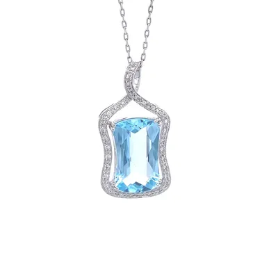 14 Karat White Gold Blue Topaz and Diamond Necklace