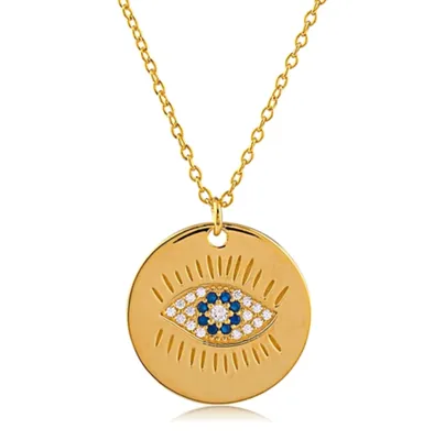 Gold Plated Silver and Cubic Zirconia Evil Eye Disk Necklace