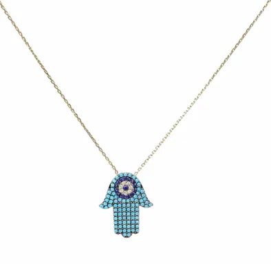 10 Karat Yellow Gold and Cubic Zirconia Evil Eye Hamsa Necklace