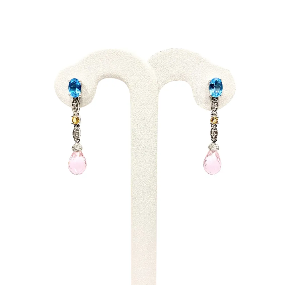 10 Karat White Gold Blue Topaz, Pink Topaz and Citrine Earrings