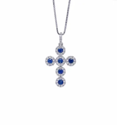 14 Karat Gold Diamond and Sapphire Cross Necklace