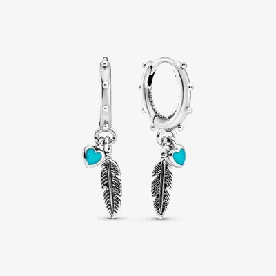 Pandora Turquoise Hearts & Feather Hoop Earrings - 297205EN168