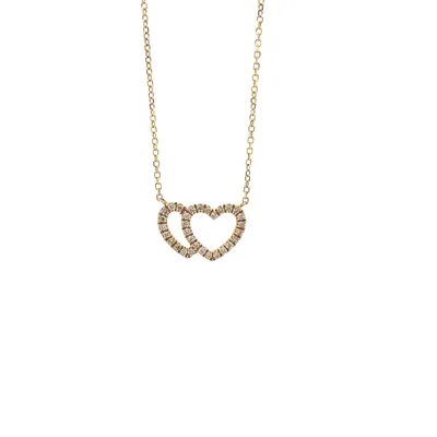 14 Karat Yellow Gold Double Heart Diamond Necklace