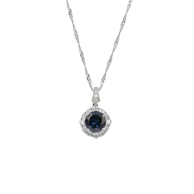 18 Karat White Gold Sapphire and Diamond Halo Necklace